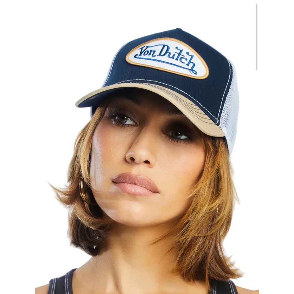 NEW Von Dutch Hat Navy Tan Patch Trucker Mesh SnapBack Cap NWT Retro unisex Y2K - Picture 7 of 8